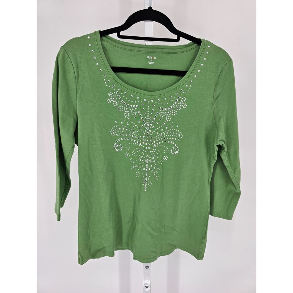 Style & Co womens Sz XL 3/4 Sleeve Cotton Top Green Rhinestone Embellished